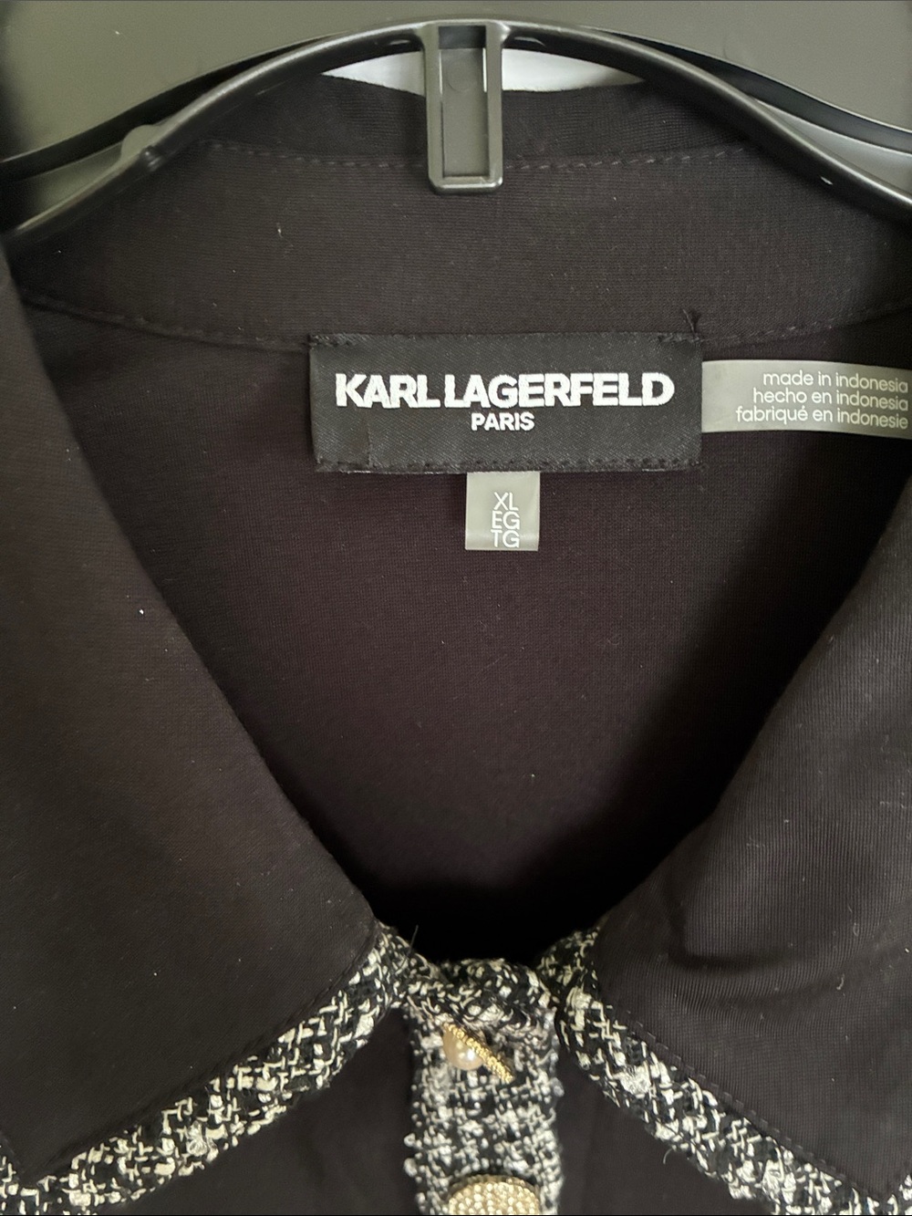 Karl Lagerfeld Black Short-Sleeve Polo with Tweed Trim - Picture 5 of 6